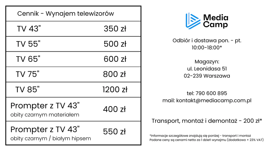 Wynajem monitorów - TV 43" - 85"